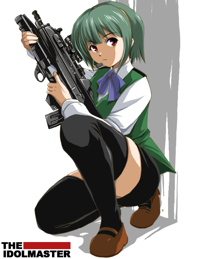 otonashi kotori, fn herstal, idolmaster, idolmaster (classic), idolmaster 1, 00s, 1girl, assault rifle, black thighhighs, bullpup, female focus, fn eglm, fn f2000, fn gl1, green hair, grenade launcher, gun, hairband, left-handed, modular weapon system, on one knee, red eyes, rifle, short hair, solo, thighhighs, underbarrel grenade launcher, weapon