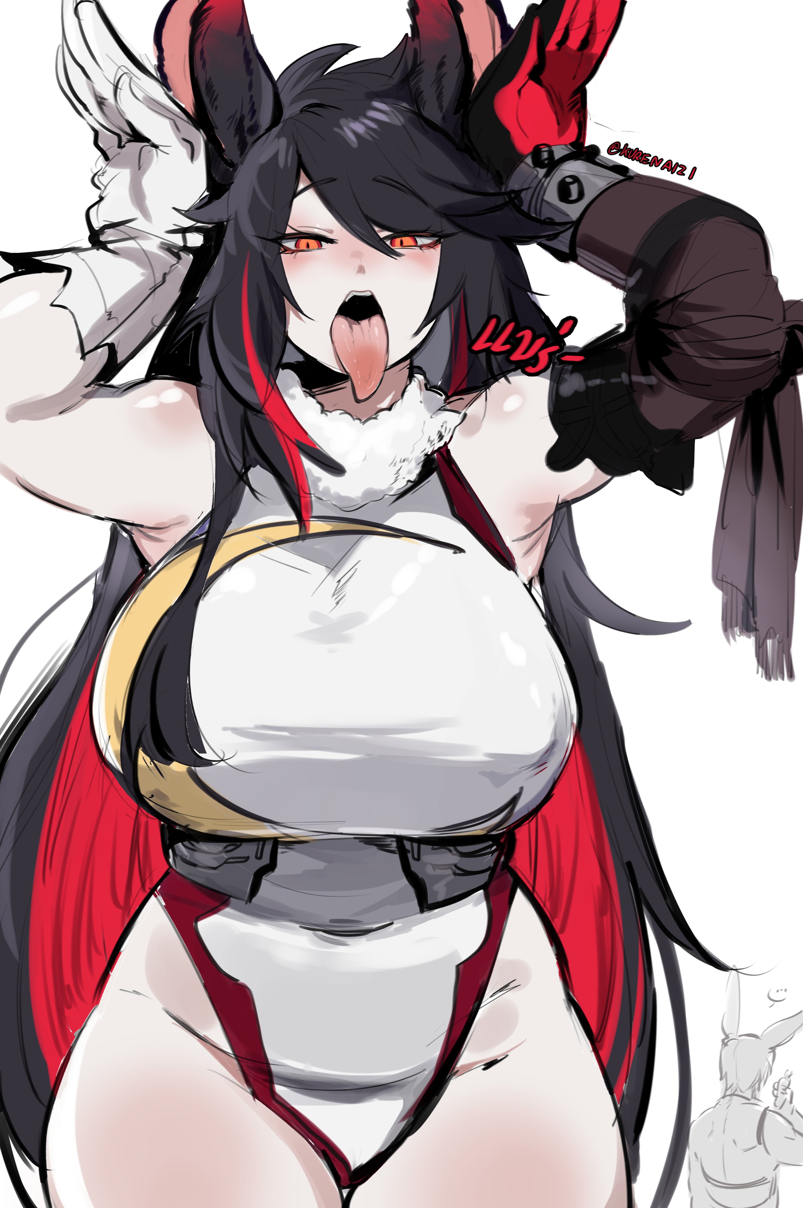 kurenaiz (kuayrenaiz), k (kuayrenaiz), mirko, boku no hero academia, original, absurdres, highres, 1girl, animal ears, asymmetrical gloves, bare shoulders, black gloves, black hair, breasts, colored inner hair, cosplay, cowboy shot, crescent print, facing viewer, fur collar, gloves, hands up, huge breasts, leotard, light blush, long hair, looking at viewer, mirko (cosplay), multicolored hair, oral invitation, orange eyes, rabbit ears, rabbit pose, red gloves, red hair, simple background, sleeveless, solo focus, teeth, thighs, tongue, tongue out, two-tone gloves, two-tone hair, upper teeth only, very long hair, white background, white gloves, white leotard