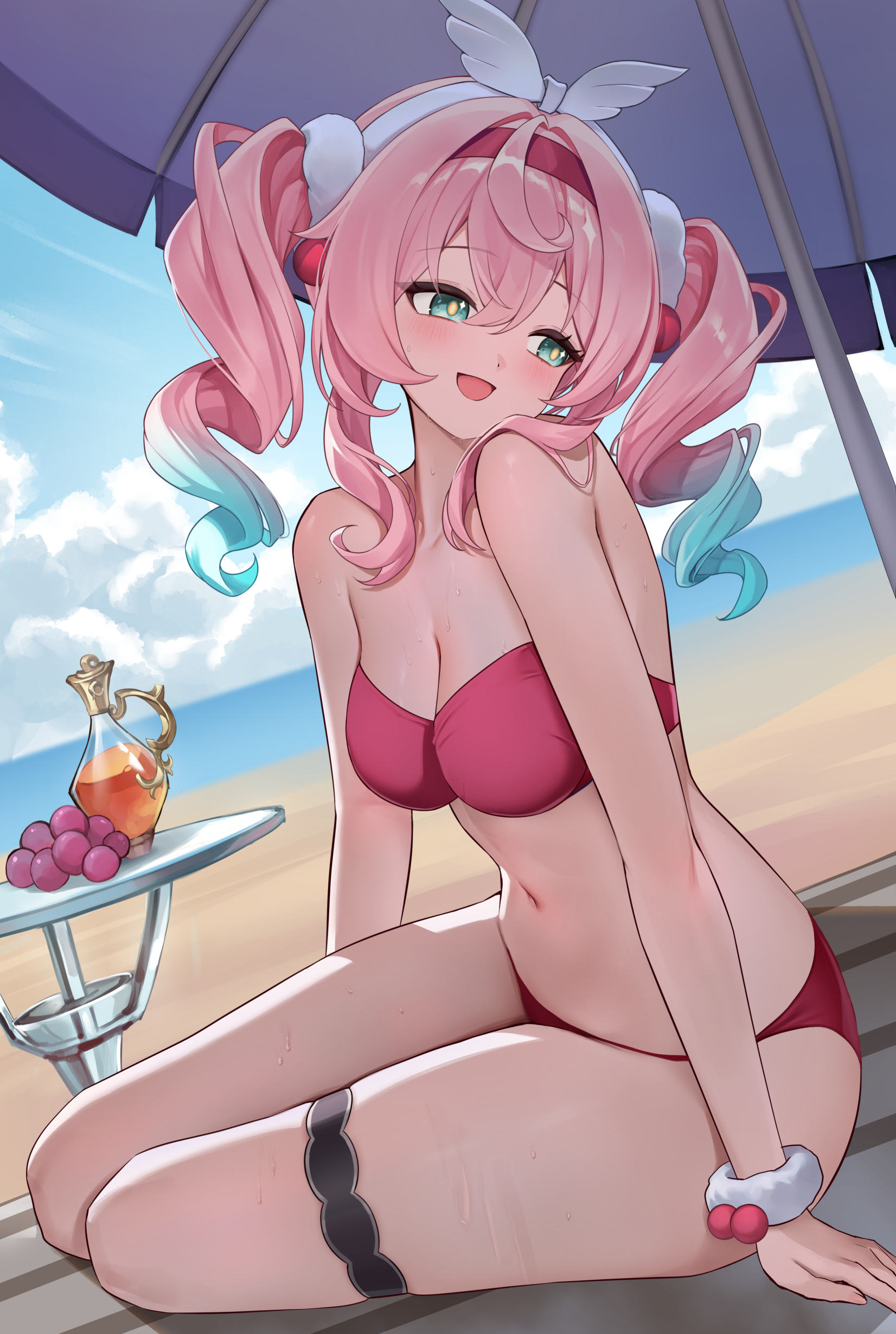 lunacle, hyacine (honkai: star rail), little ica (honkai: star rail), honkai: star rail, honkai (series), absurdres, commentary, highres, paid reward available, 1girl, alternate costume, bare shoulders, beach, beach umbrella, bikini, blue sky, bottle, breasts, character charm, charm (object), cleavage, collarbone, colored tips, day, food, fruit, grapes, green eyes, hair between eyes, hairband, light blush, long hair, looking to the side, medium breasts, multicolored hair, navel, ocean, open mouth, outdoors, pink bikini, pink hair, pink hairband, sitting, sky, smile, solo, stomach, strapless, strapless bikini, swimsuit, thigh strap, twintails, umbrella, white hairband, yellow pupils