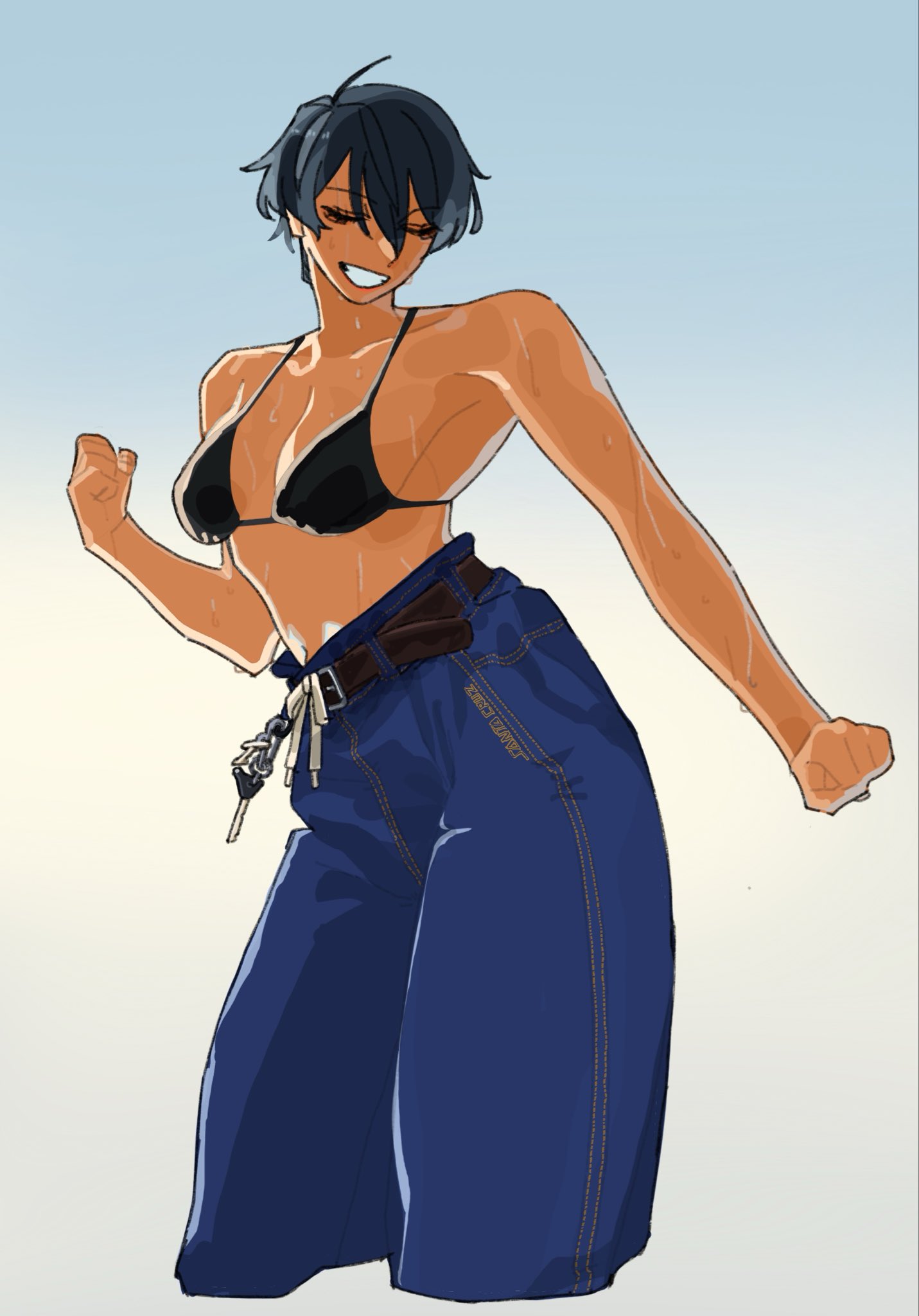 billyonthestraw, original, highres, belt, black bra, black hair, bra, breasts, car keys, dark-skinned female, dark skin, denim, jeans, pants, saki satami (billyonthestraw), sweat, underwear