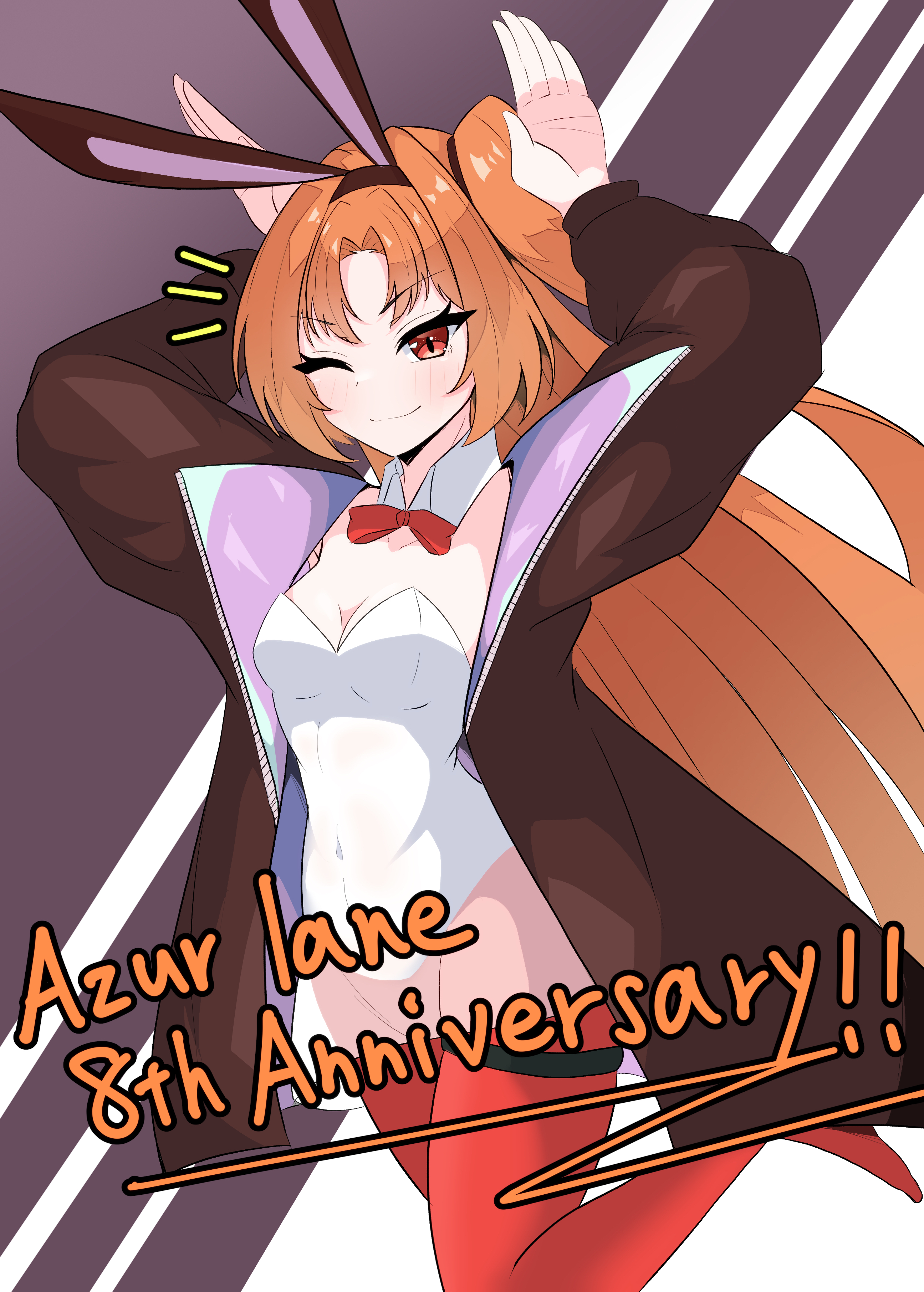 cleveland (azur lane), cleveland (knight of the pop-up shop) (azur lane), azur lane, absurdres, highres, 1girl, animal ears, anniversary, black jacket, bow, bowtie, breasts, cleavage, closed mouth, covered navel, detached collar, fake animal ears, hachitarou 0038, jacket, leotard, light blush, looking at viewer, medium breasts, notice lines, official alternate costume, one eye closed, one side up, orange hair, parted bangs, playboy bunny, rabbit ears, red bow, red bowtie, red eyes, red thighhighs, smile, solo, thighhighs, white leotard
