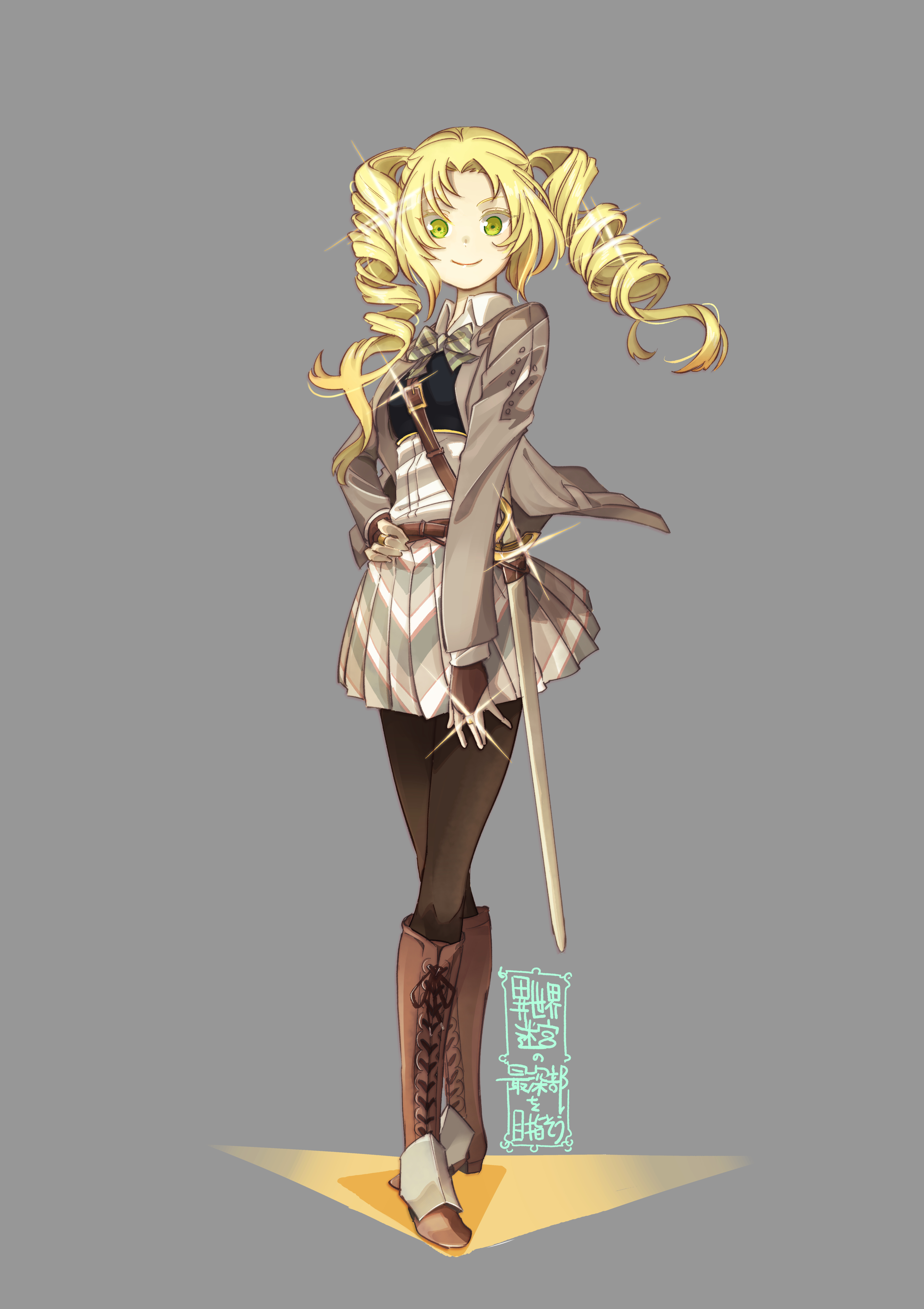 suke (hidarimigi), isekai meikyuu no saishinbu wo mezasou, absurdres, highres, 1girl, blonde hair, boots, bow, bowtie, brown boots, copyright name, drill hair, franruhle hellvilleshine, full body, glint, green eyes, grey background, grey jacket, grey skirt, hand on own hip, jacket, knee boots, long hair, looking at viewer, pleated skirt, skirt, smile, solo, sword, twin drills, weapon