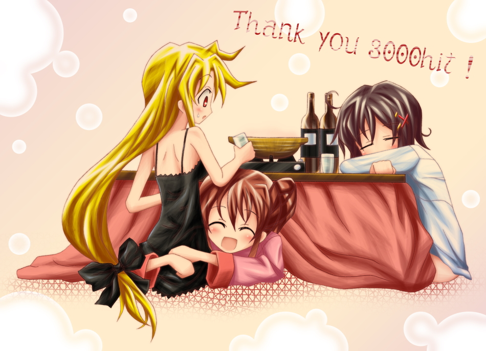 yamihina tsukiyo, fate testarossa, takamachi nanoha, yagami hayate, lyrical nanoha, mahou shoujo lyrical nanoha, mahou shoujo lyrical nanoha strikers, bad id, bad pixiv id, 00s, 3girls, blonde hair, bottomless, brown hair, chemise, closed eyes, hug, kotatsu, lingerie, long hair, low-tied long hair, multiple girls, ponytail, red eyes, short hair, sleeping, smile, table, underwear, very long hair, yuri
