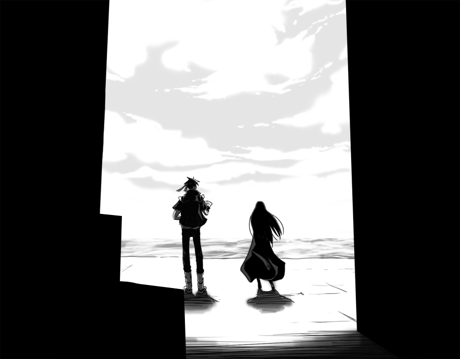 yuuki (yuuki333), cleo everlastin, orphen, majutsushi orphen, 1boy, 1girl, beach, cloud, cloudy sky, couple, day, dress, from behind, greyscale, horizon, long hair, long sleeves, monochrome, outdoors, sand, scenery, silhouette, sky, standing, water