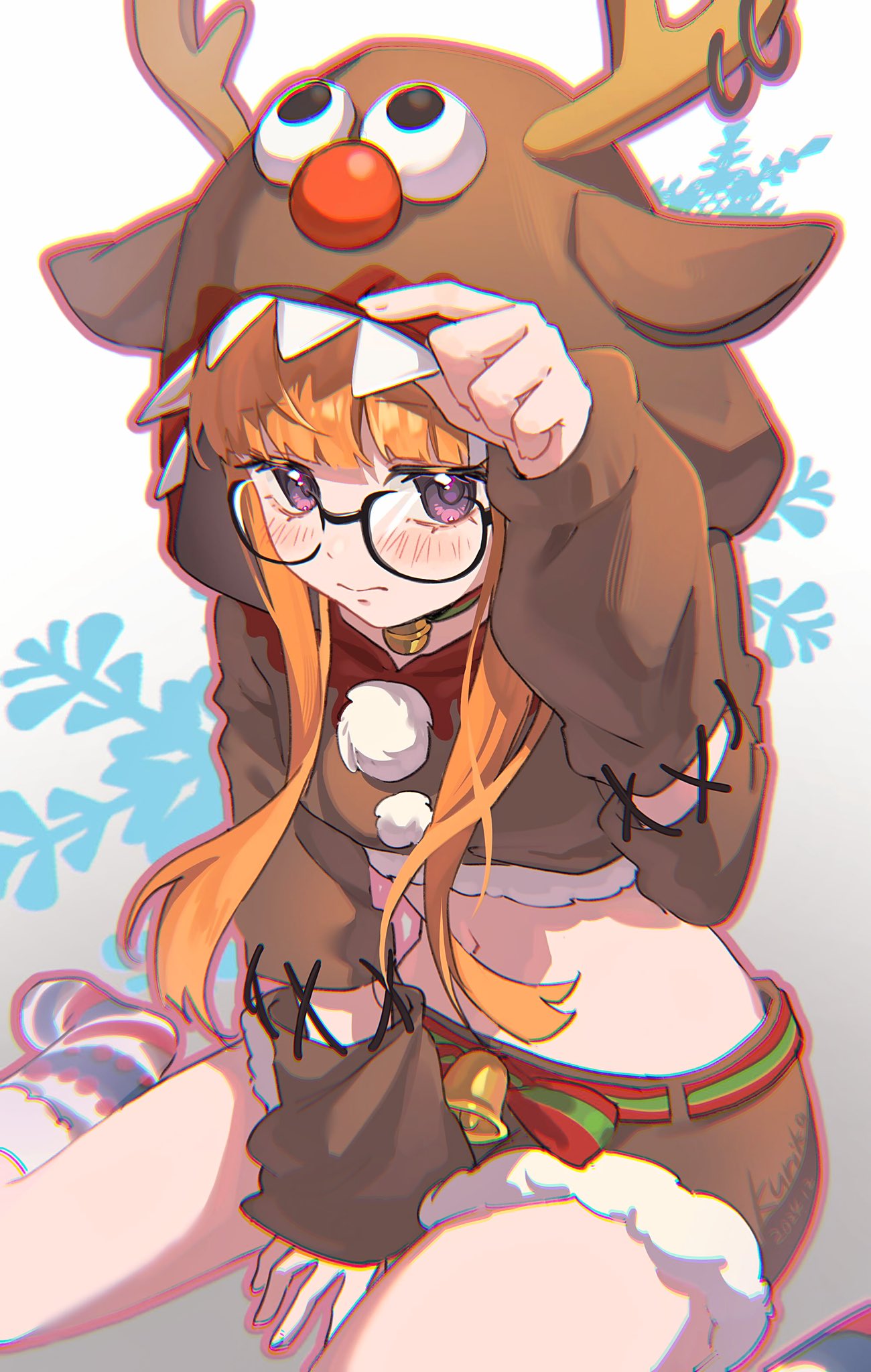 qianyewuli, sakura futaba, persona, persona 5, commentary, commentary request, hashtag-only commentary, highres, symbol-only commentary, 1girl, animal costume, animal hood, antlers, artist name, bell, belt, between legs, black-framed eyewear, blunt bangs, blush, brown hoodie, brown shorts, christmas, closed mouth, cropped hoodie, dated, fake antlers, foot out of frame, fur-trimmed hoodie, fur-trimmed shorts, fur trim, glasses, gradient background, grey background, hand between legs, holding hood, hood, hood up, hoodie, horn piercing, horns, jingle bell, long hair, long sleeves, looking at viewer, midriff, navel, neck bell, orange hair, outline, pink outline, purple eyes, reindeer antlers, reindeer costume, reindeer hood, short shorts, shorts, sidelocks, sitting, snowflake background, socks, solo, stitched sleeves, striped clothes, striped socks, wariza, wavy mouth