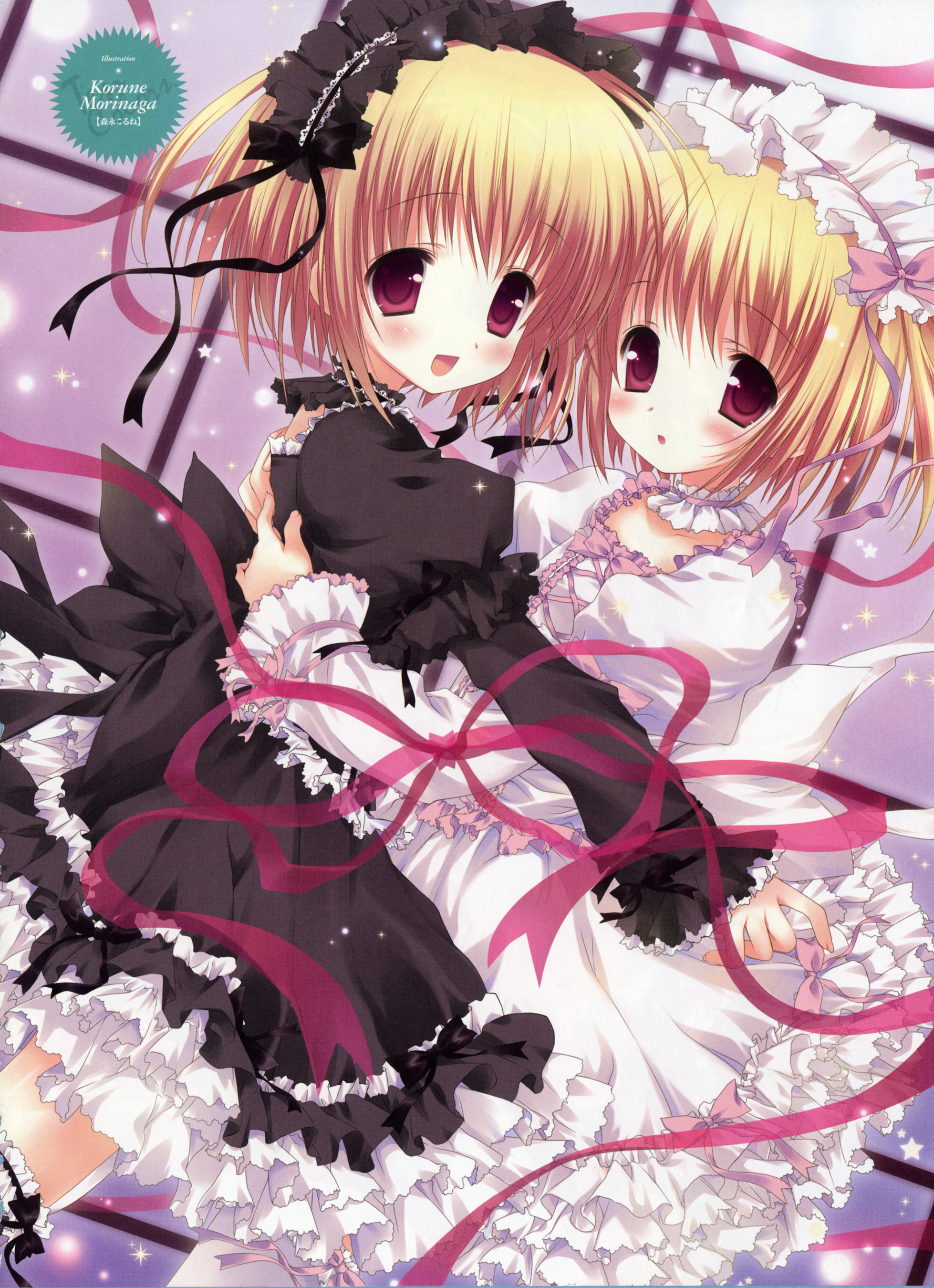 morinaga korune, absurdres, highres, 2girls, blonde hair, blush, gothic lolita, lolita fashion, multiple girls, red eyes, ribbon, short hair, siblings, sisters, twins