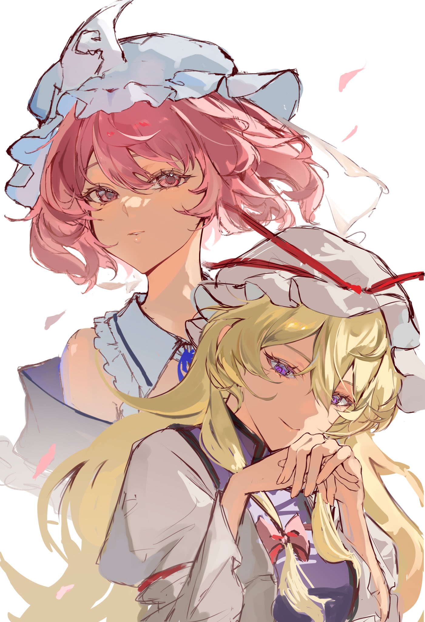 mokou cooking, saigyouji yuyuko, yakumo yukari, touhou, commentary, hashtag-only commentary, highres, symbol-only commentary, 2girls, blonde hair, closed mouth, collar, dress, hair between eyes, hair ribbon, hat, long hair, looking at viewer, medium hair, mob cap, multiple girls, off shoulder, own hands together, parted lips, pink eyes, pink hair, pink petals, purple eyes, purple tabard, ribbon, smile, tabard, upper body, veil, white background, white dress