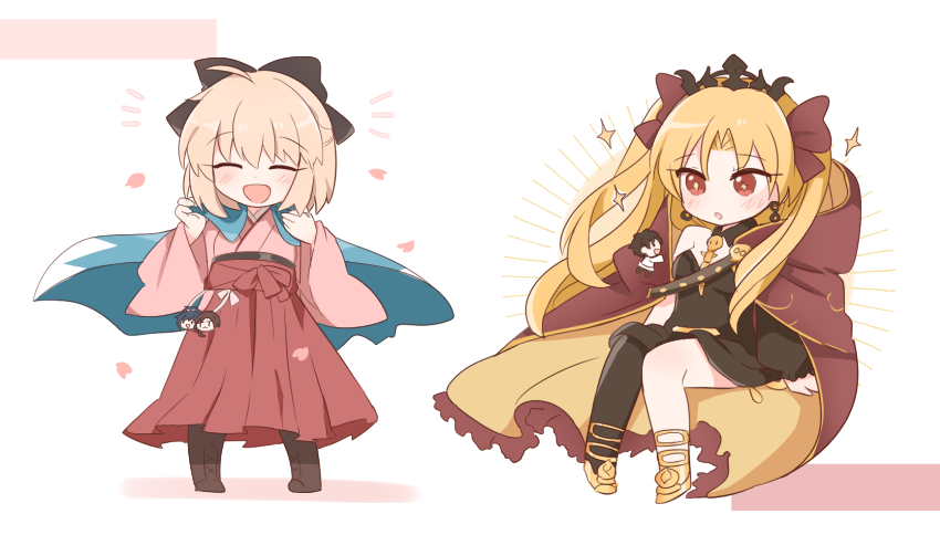 rabi (swordofthestone), ereshkigal (fate), fujimaru ritsuka (male), okita souji (fate), okita souji (koha-ace), yamanami keisuke (fate), fate/grand order, fate (series), + +, 2girls, ahoge, belt, black bow, black dress, black thighhighs, black tiara, blonde hair, blue haori, blush, boots, bow, brown boots, chibi, chibi only, cloak, closed eyes, dress, earrings, eyelashes, floating clothes, full body, gold sandals, hair bow, hakama, hakama skirt, hands up, haori, japanese clothes, jewelry, kimono, long hair, long sleeves, looking at another, multiple girls, notice lines, okita souji (first ascension) (fate), open clothes, open mouth, parted bangs, petals, pink kimono, red bow, red cloak, red eyes, red ribbon, red skirt, ribbon, sandals, shadow, short hair, simple background, single bare shoulder, single thighhigh, sitting, skirt, smile, sparkle, standing, thighhighs, tiara, two-sided cloak, two-sided fabric, two side up, white background, wide sleeves, yellow belt, yellow cloak