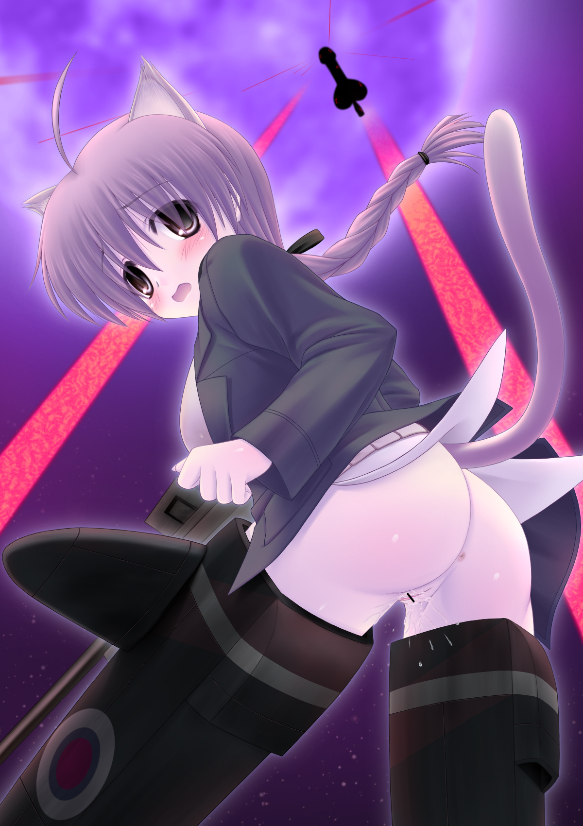 murasaki, murasaki ookami, lynette bishop, strike witches, world witches series, highres, 00s, 1girl, ahoge, animal ears, anus, ass, bottomless, braid, brown hair, cat ears, cat tail, censored, female focus, laser, no panties, pussy, pussy juice, single braid, solo, tail