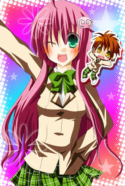 lala satalin deviluke, peke (to love-ru), yuuki rito, to love-ru, bad id, bad pixiv id, 00s, 1boy, 1girl, blush, chibi, green eyes, long hair, one eye closed, pink hair, plaid clothes, plaid skirt, school uniform, skirt, wink