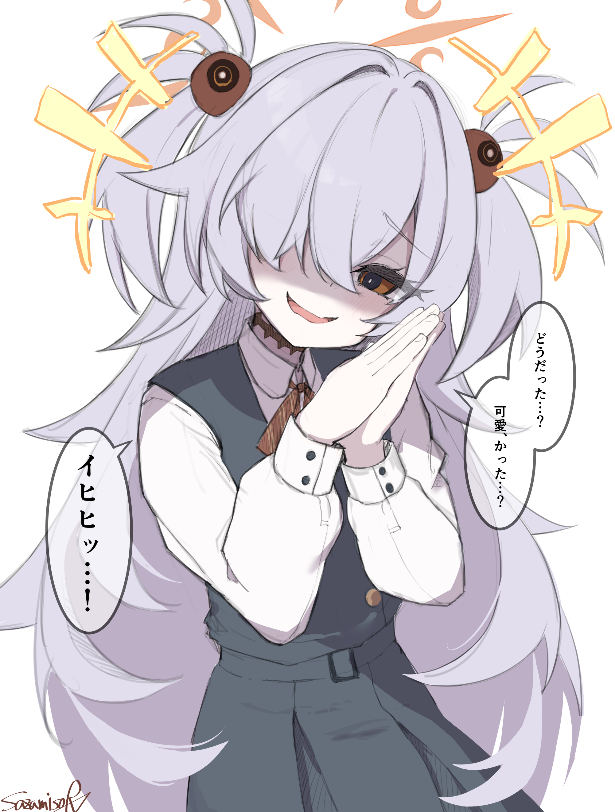 sazamiso rx, kanoe (blue archive), blue archive, absurdres, commentary request, highres, translation request, +++, 1girl, brown eyes, brown halo, dress, grey hair, hair over one eye, halo, long hair, long sleeves, looking at viewer, open mouth, orange halo, own hands together, partially shaded face, pinafore dress, shirt, simple background, sleeveless, sleeveless dress, smile, solo, two side up, white background, white shirt