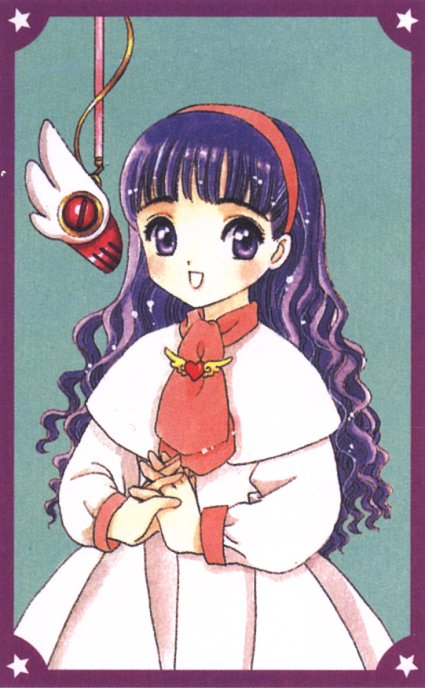 clamp, daidouji tomoyo, cardcaptor sakura, official art, 1990s (style), 1girl, blunt bangs, child, cowboy shot, female focus, headband, microphone, own hands clasped, own hands together, purple eyes, purple hair, retro artstyle, solo, studio microphone