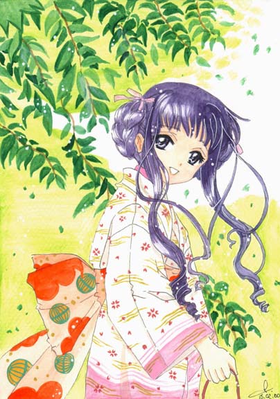 clamp, daidouji tomoyo, cardcaptor sakura, french braid, 1990s (style), 1girl, blue eyes, braid, child, cowboy shot, dated, day, female focus, from side, japanese clothes, kimono, plant, purple hair, retro artstyle, ribbon, side braid, solo