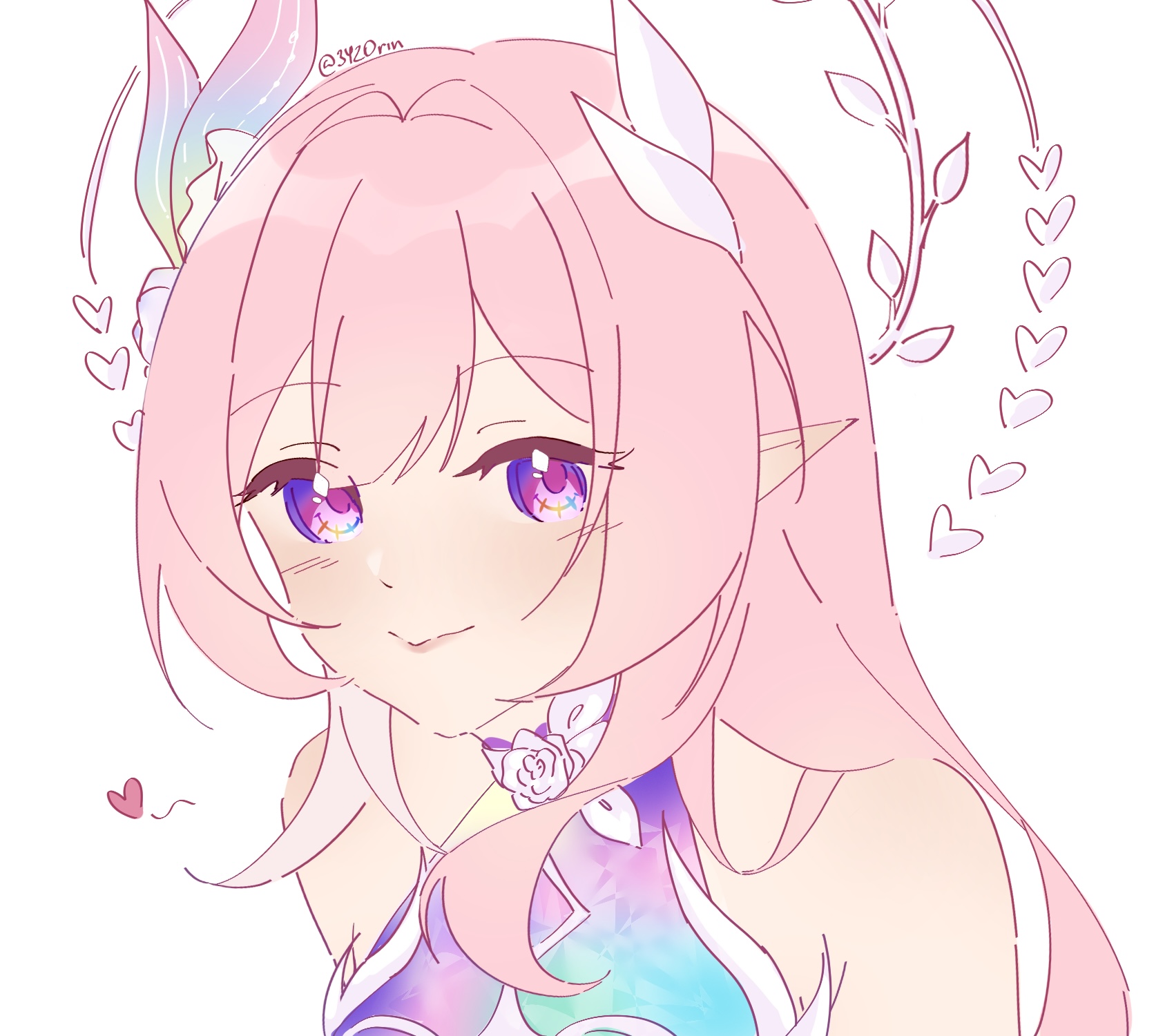rin (bakariiin), cyrene (honkai: star rail), cyrene (ripples of past reverie) (honkai: star rail), honkai: star rail, honkai (series), commentary request, highres, 1girl, bare shoulders, flower, hair flower, hair ornament, halo, heart, long hair, looking at viewer, pink hair, pointy ears, purple eyes, simple background, smile, solo, very long hair, white background