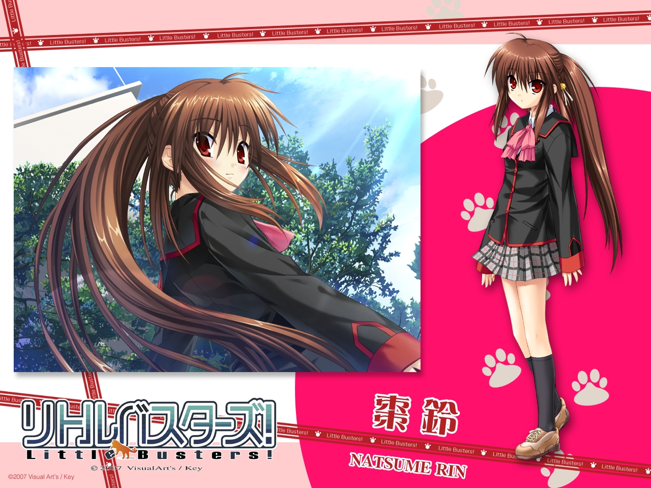 na-ga, natsume rin, little busters!, plaid, non-web source, 1girl, bow, brown hair, long hair, pink bow, ponytail, red eyes, school uniform