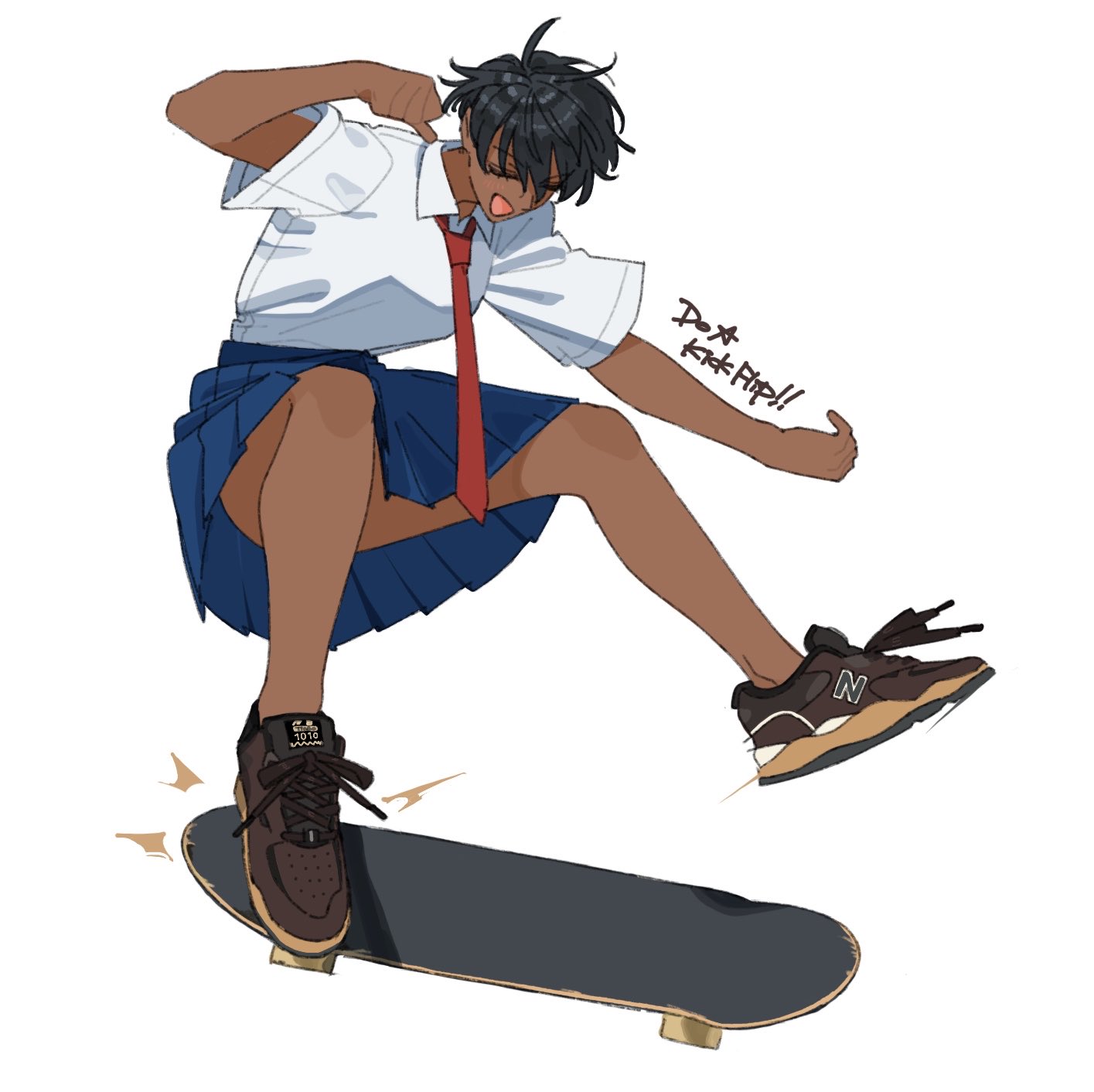 billyonthestraw, new balance, original, highres, black hair, blue skirt, dark-skinned female, dark skin, english text, kickflip, necktie, product placement, red necktie, saki satami (billyonthestraw), school uniform, shirt, shoes, skateboard, skirt, sneakers, white shirt