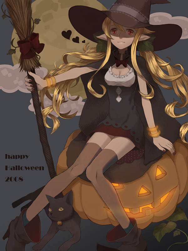 matsurika, original, 00s, 1girl, 2008, blonde hair, cat, female focus, halloween, happy halloween, hat, jack-o'-lantern, pointy ears, pumpkin, red eyes, solo, thighhighs, witch hat, zettai ryouiki