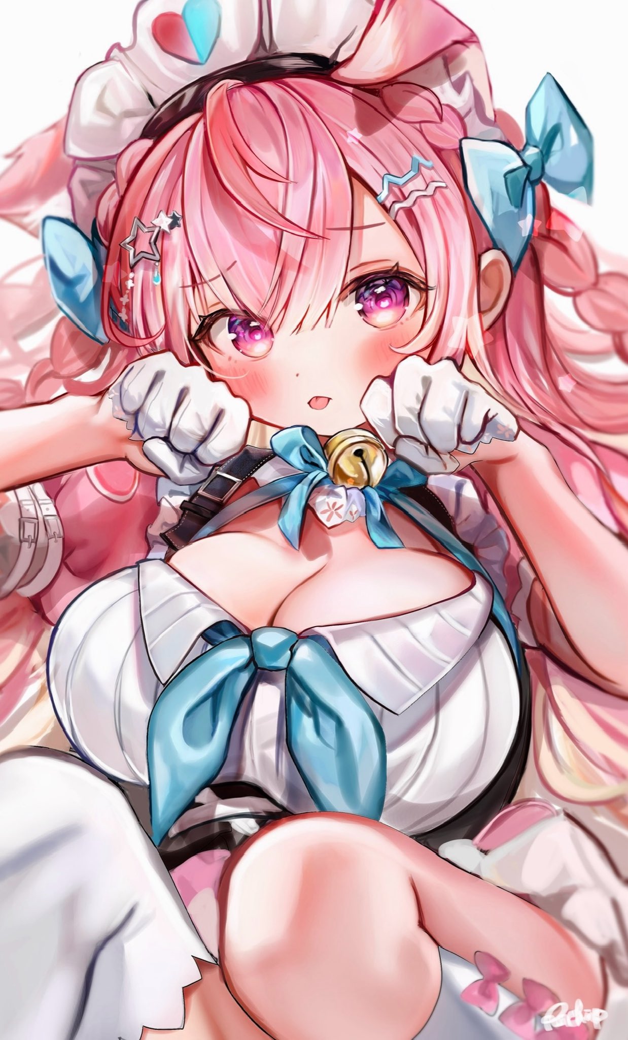 rachip, yuuki sakuna, indie virtual youtuber, highres, 1girl, animal ears, arm belt, bell, blue bow, blue ribbon, blush, bow, braid, breasts, cat ears, cat girl, cat hair ornament, dress, extra ears, hair bow, hair ornament, hairclip, huge breasts, jingle bell, long hair, looking at viewer, maid, maid headdress, neck bell, neck ribbon, pink bow, pink dress, pink eyes, pink hair, ribbon, shirt, short sleeves, simple background, single braid, single ear down, single thighhigh, socks, solo, star (symbol), star hair ornament, suspenders, thighhighs, thighs, tongue, two side up, virtual youtuber, white background, white shirt, white socks, white thighhighs