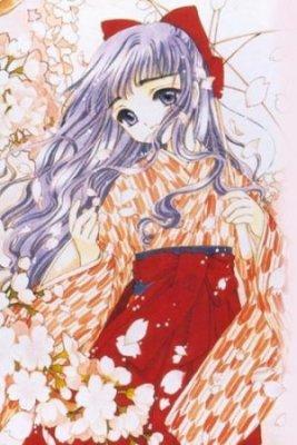 clamp, daidouji tomoyo, cardcaptor sakura, lowres, 1990s (style), 1girl, child, female focus, hakama, hakama skirt, holding, holding umbrella, japanese clothes, kimono, meiji schoolgirl uniform, retro artstyle, skirt, solo, umbrella, wavy hair, yagasuri