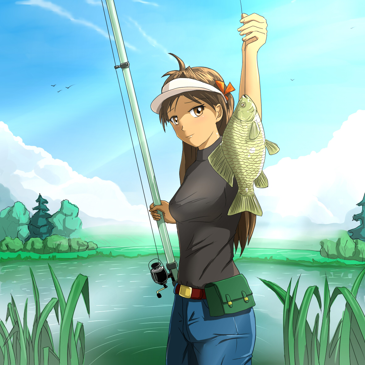 huyase, original, self-upload, 1girl, brown hair, female focus, fish, fishing, fishing rod, holding, holding fishing rod, lake, long hair, solo, twintails, water