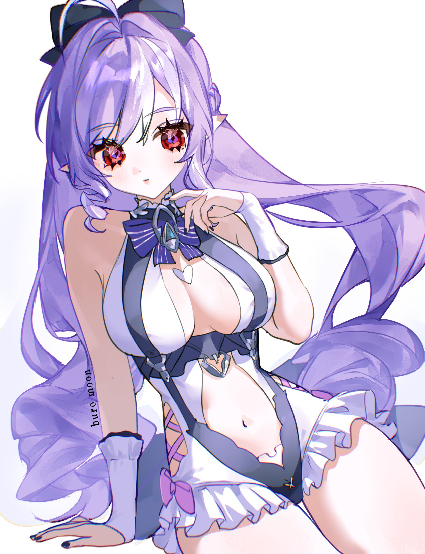 vivian banshee, vivian banshee (iris of the shore), zenless zone zero, hashtag-only commentary, highres, 1girl, bare shoulders, breasts, buro moon, cum, cum on body, cum on stomach, large breasts, long hair, mole, mole under eye, navel, official alternate costume, one-piece swimsuit, pointy ears, purple eyes, purple hair, simple background, solo, swimsuit, very long hair, white background, white one-piece swimsuit