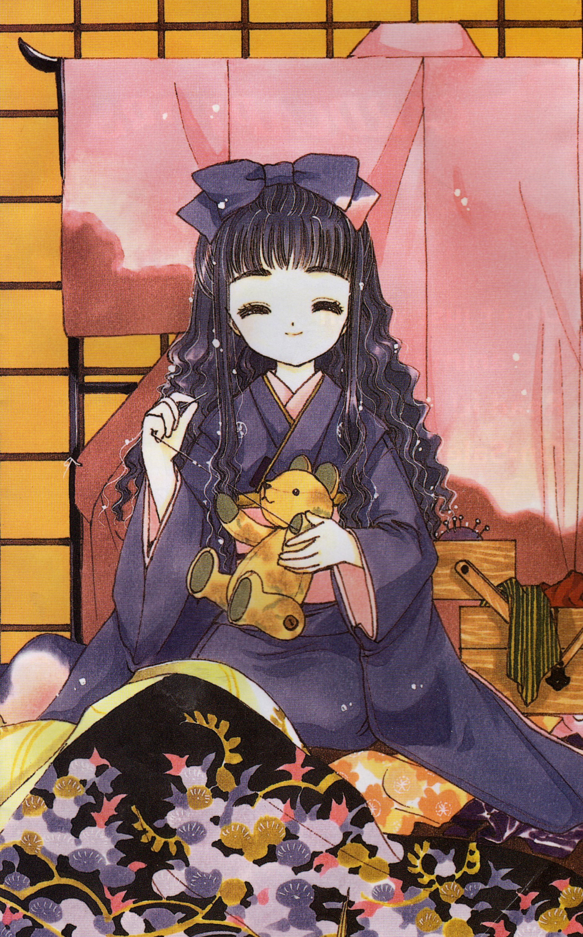 clamp, daidouji tomoyo, cardcaptor sakura, absurdres, highres, official art, 1990s (style), 1girl, ^ ^, black hair, blunt bangs, child, closed eyes, fabric, female focus, japanese clothes, kimono, retro artstyle, sewing, sitting, solo, wavy hair