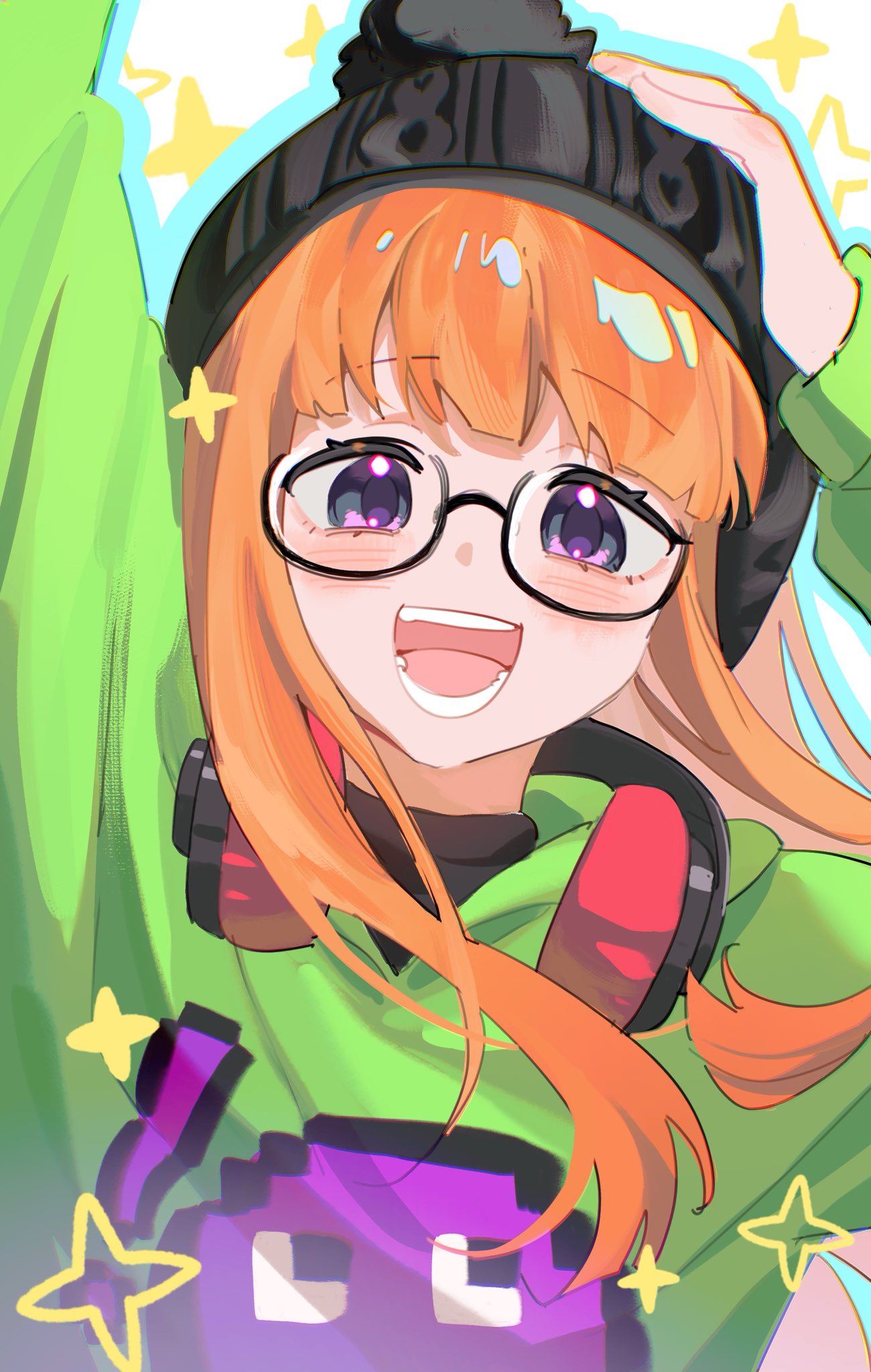 qianyewuli, sakura futaba, persona, persona 5, commentary, commentary request, hashtag-only commentary, highres, symbol-only commentary, 1girl, :d, arm up, black-framed eyewear, black hat, blue outline, blunt bangs, blush, four-pointed star, glasses, green hoodie, hand on headwear, hat, headphones, headphones around neck, hood, hoodie, long hair, looking at viewer, open mouth, orange hair, outline, print hoodie, purple eyes, sidelocks, smile, solo, teeth, upper body, white background