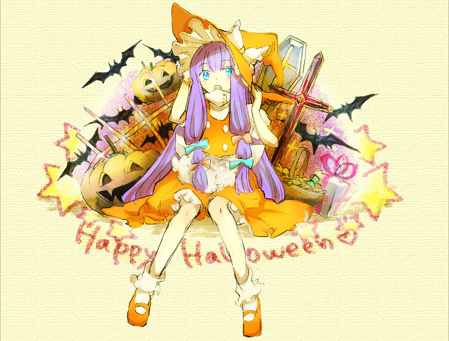 sugi, kirisame marisa, patchouli knowledge, touhou, bad id, bad pixiv id, 1girl, alternate color, bat (animal), cosplay, dress, female focus, halloween, happy halloween, jack-o'-lantern, kirisame marisa (cosplay), orange dress, pumpkin, solo, yellow background