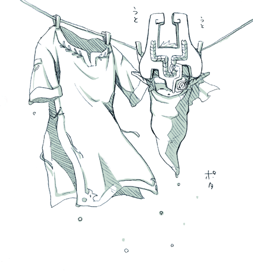 midna, nintendo, the legend of zelda, the legend of zelda: twilight princess, clothes, 1girl, female focus, green theme, mask, monochrome, pointy ears, sleeping, solo
