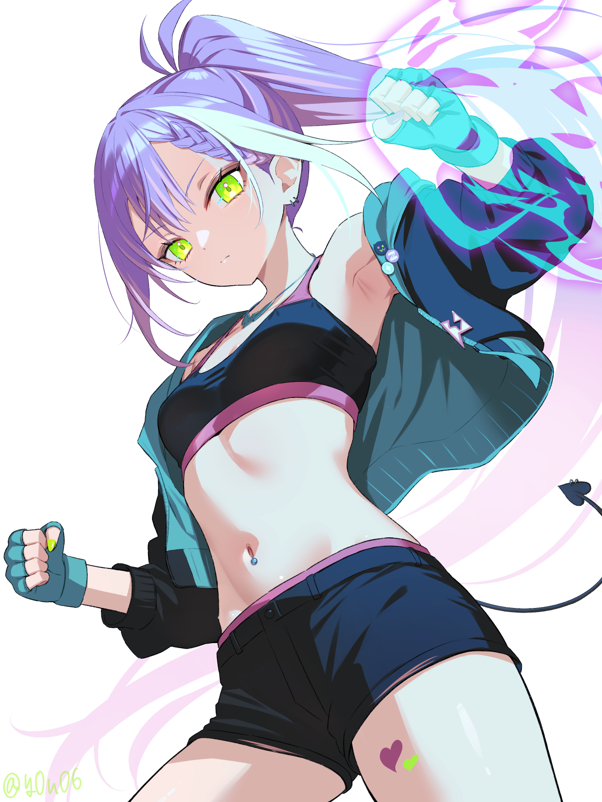 you06, tokoyami towa, hololive, highres, 1girl, aqua gloves, armpits, black shorts, black sports bra, blue jacket, braid, breasts, clenched hands, closed mouth, cowboy shot, demon tail, fingerless gloves, floating hair, from below, gloves, green eyes, green nails, high ponytail, jacket, jewelry, long hair, long sleeves, nail polish, navel, navel piercing, necklace, open clothes, open jacket, piercing, pink trim, ponytail, purple hair, short shorts, shorts, simple background, single braid, small breasts, solo, sports bra, standing, stomach, tail, tail ornament, tail piercing, very long hair, virtual youtuber, white background