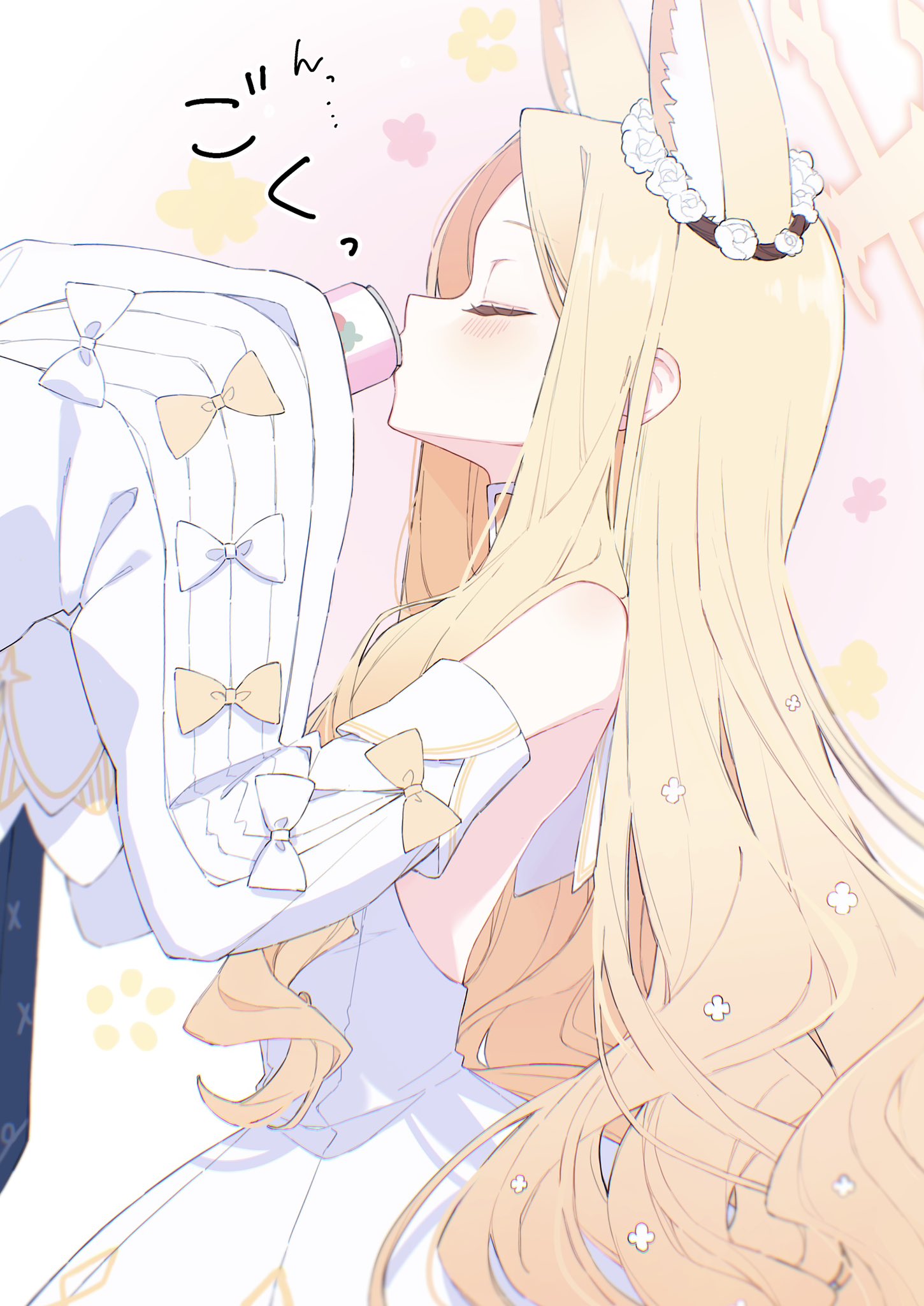 hk nnm, seia (blue archive), blue archive, commentary request, derivative work, highres, screenshot redraw, 1girl, animal ear fluff, animal ears, bare back, bare shoulders, blonde hair, can, closed eyes, detached sleeves, dress, drink, drink can, drinking, extra ears, flower, flower symbol, forehead, fox ears, fox girl, from side, gradient background, hair flower, hair ornament, holding, holding can, holding drink, long hair, pink background, profile, sidelocks, simple background, sleeves past fingers, sleeves past wrists, solo, sound effects, white background, white dress, white flower