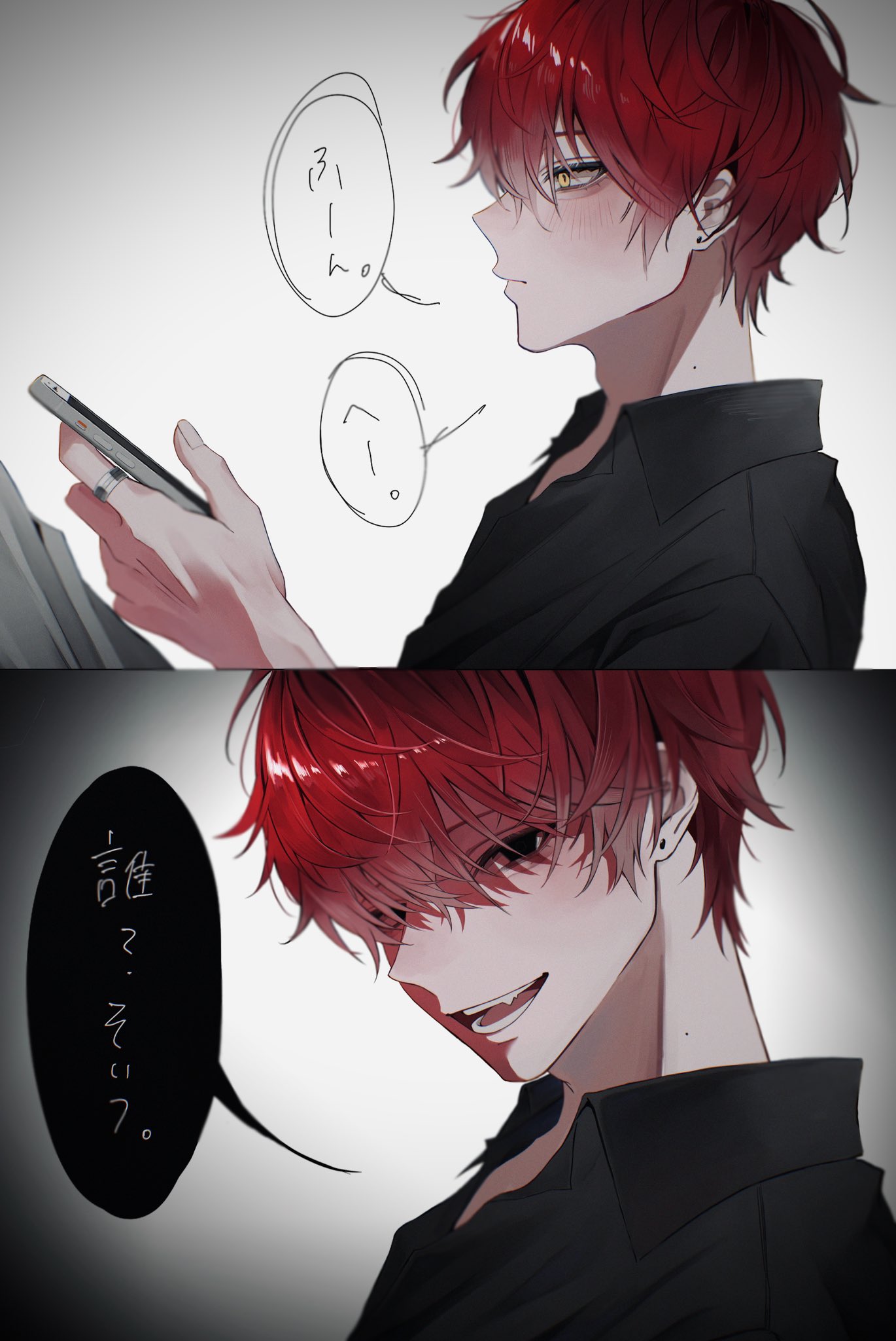 original, highres, 1boy, black shirt, cellphone, closed mouth, dizzy 7bit, empty eyes, from side, hair between eyes, holding, holding phone, jewelry, looking at phone, looking at viewer, male focus, multiple views, open mouth, phone, red hair, ring, shirt, short hair, smile, speech bubble, upper body, vignetting, white background, yellow eyes