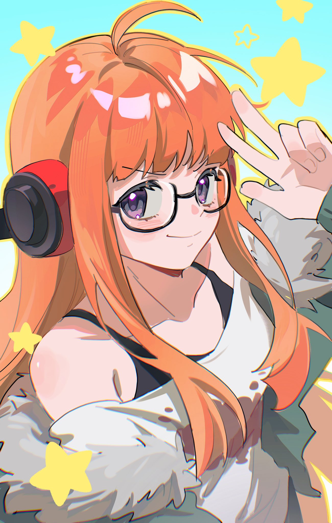 qianyewuli, sakura futaba, persona, persona 5, commentary, commentary request, hashtag-only commentary, highres, symbol-only commentary, 1girl, ahoge, behind-the-head headphones, black-framed eyewear, black tank top, blue background, blunt bangs, blush, closed mouth, collarbone, fur-trimmed jacket, fur trim, glasses, green jacket, hand up, headphones, jacket, jacket partially removed, long hair, looking at viewer, off-shoulder shirt, off shoulder, orange hair, outline, print shirt, purple eyes, shirt, sidelocks, smile, solo, star (symbol), tank top, upper body, w, white shirt, yellow outline