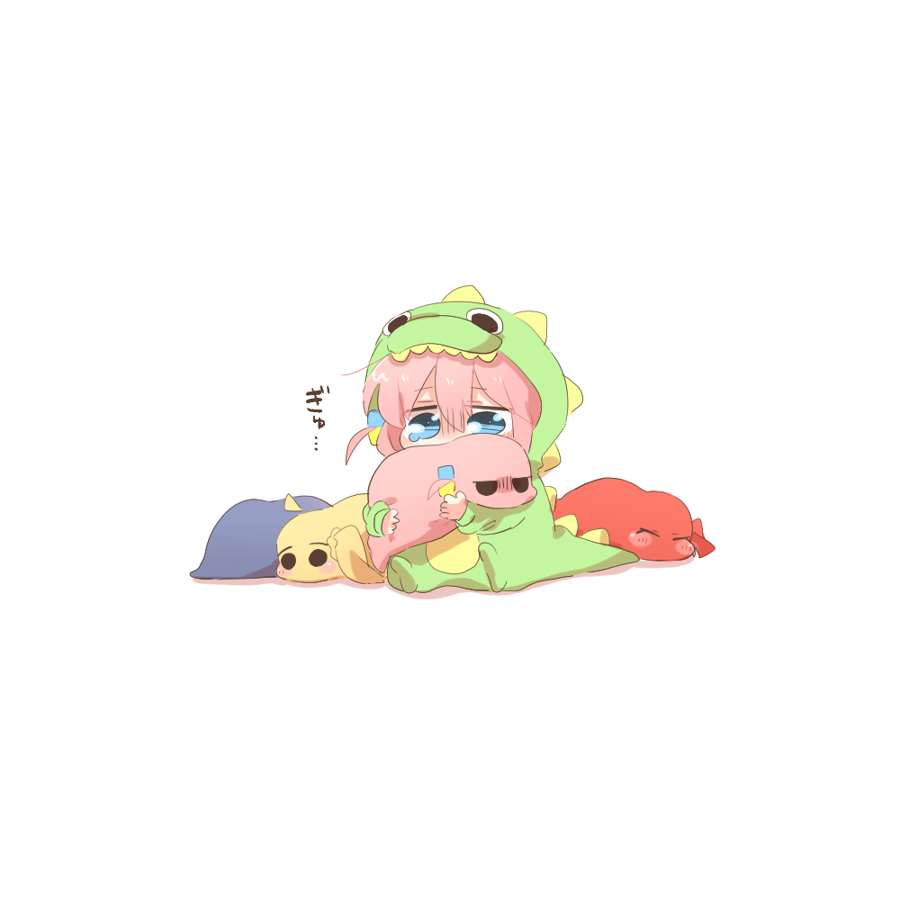 rebecca (keinelove), gotoh hitori, gotoh hitori (tsuchinoko), ijichi nijika, kita ikuyo, yamada ryo, bocchi the rock!, commentary request, translation request, 1girl, blue eyes, chibi, chibi only, dinosaur costume, full body, hair between eyes, holding, hood, hood up, long hair, long sleeves, one side up, pink hair, simple background, sitting, teardrop, white background