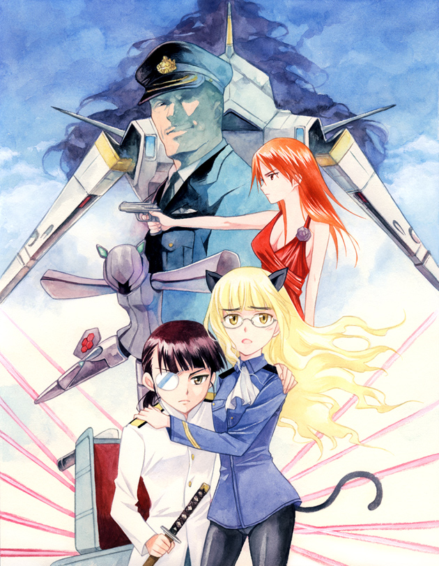agahari, minna-dietlinde wilcke, neuroi, neuroi girl, perrine h. clostermann, sakamoto mio, trevor maloney, strike witches, world witches series, traditional media, 00s, 1boy, 4girls, animal ears, black hair, black pantyhose, blonde hair, dress, eyepatch, glasses, gun, handgun, holding, holding sword, holding weapon, long hair, mecha, multiple girls, panties, panties under pantyhose, pantyhose, pistol, pocket pistol, red hair, robot, semi-automatic pistol, sword, tail, underwear, weapon, wheelchair