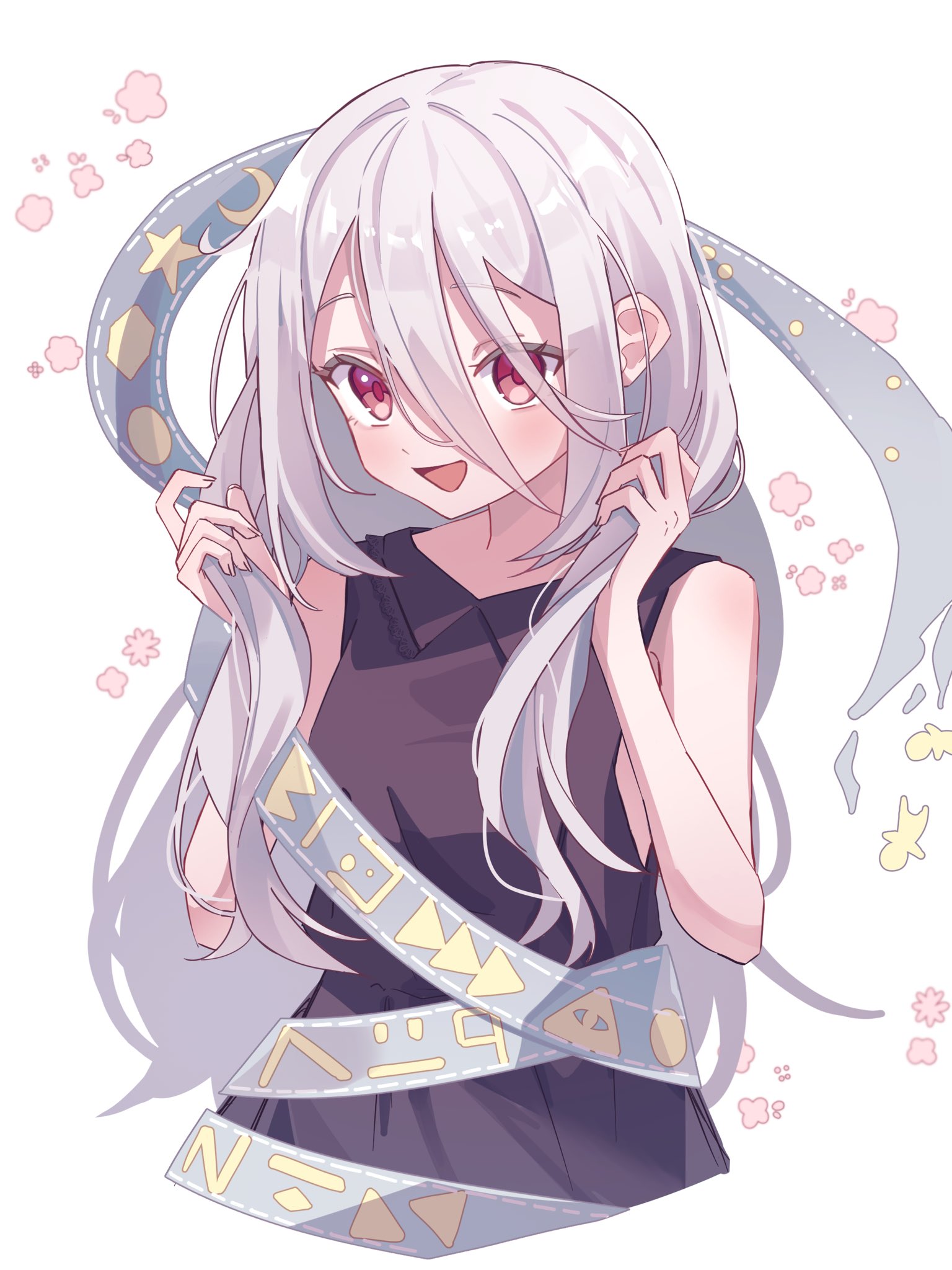ww333v, yuiman asama, touhou, commentary, highres, 1girl, bare shoulders, black shirt, hair between eyes, holding, holding own hair, long bangs, long hair, looking at viewer, open mouth, red eyes, shirt, sleeveless, sleeveless shirt, smile, solo, upper body, white background, white hair