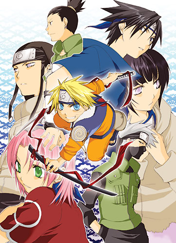haruno sakura, hatake kakashi, hyuuga hinata, hyuuga neji, nara shikamaru, uchiha sasuke, uzumaki naruto, naruto (classic), naruto (series), uniform, artist request, lowres, 2girls, 5boys, black hair, blonde hair, brown hair, empty eyes, fur trim, green eyes, headband, long sleeves, looking at viewer, multiple boys, multiple girls, pants, pink hair, short hair, sidelocks, spiked hair