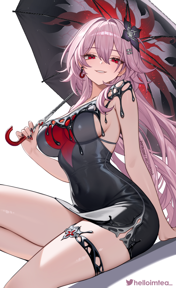 helloimtea, evernight (honkai: star rail), march 7th (honkai: star rail), honkai: star rail, honkai (series), commentary, english commentary, highres, paid reward available, 1girl, adapted costume, artist name, bare shoulders, black dress, black umbrella, breasts, covered navel, dress, fingernails, flower, hair between eyes, hair flower, hair intakes, hair ornament, hairclip, holding, holding umbrella, jewelry, knee up, large breasts, long hair, looking at viewer, nail polish, parallel hairclips, parted lips, pink hair, purple flower, red eyes, red nails, simple background, sitting, smile, solo, thighlet, umbrella, very long hair, white background