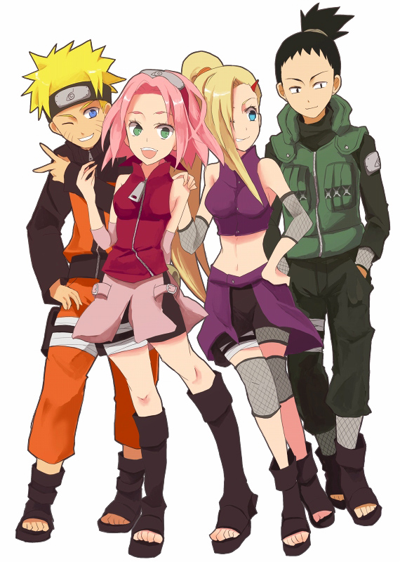 yokige, haruno sakura, nara shikamaru, uzumaki naruto, yamanaka ino, naruto (classic), naruto (series), fishnet legwear, 2boys, 2girls, black eyes, black hair, blonde hair, boots, facial mark, fishnets, flak jacket, forehead protector, green eyes, hair ornament, hair over one eye, hair tie, hairclip, jacket, konohagakure symbol, multiple boys, multiple girls, one eye closed, open mouth, pink hair, ponytail, short hair, smile, spiked hair, whisker markings, wink