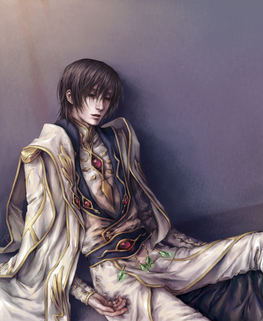 nanar, lelouch vi britannia, code geass, bad id, bad pixiv id, spoilers, 00s, 1boy, cape, gem, male focus, realistic, sitting, solo