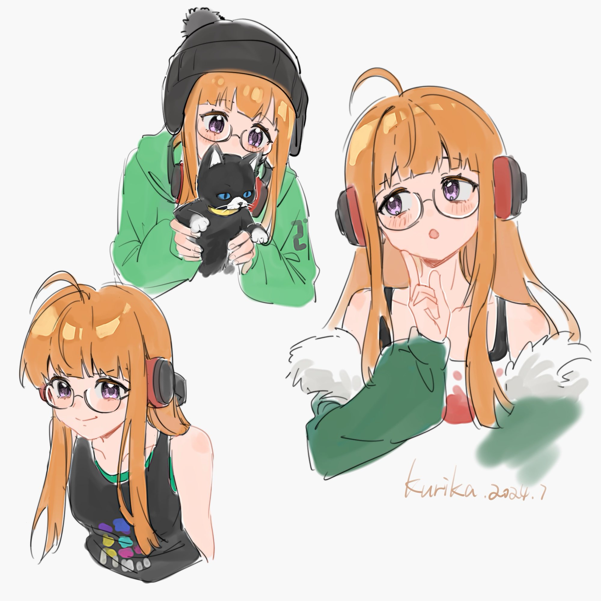 qianyewuli, tuxedo cat, morgana (cat) (persona 5), morgana (persona 5), sakura futaba, persona, persona 5, commentary, commentary request, hashtag-only commentary, highres, symbol-only commentary, 1girl, :o, ahoge, animal, arms behind back, artist name, behind-the-head headphones, black-framed eyewear, black hat, black tank top, blunt bangs, blush, cat, closed mouth, cropped arm, cropped torso, dated, finger to cheek, fur-trimmed jacket, fur trim, glasses, green hoodie, green jacket, hat, headphones, headphones around neck, holding, holding animal, holding cat, hood, hoodie, jacket, jacket partially removed, long hair, looking at animal, multiple views, off-shoulder shirt, off shoulder, orange hair, purple eyes, shirt, sidelocks, smile, tank top, white shirt