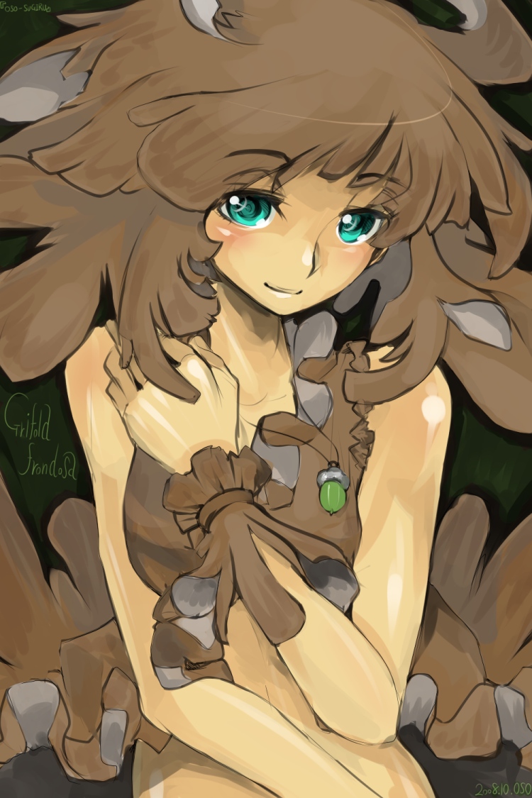 oso (toolate), grifola frondosa, original, oso-teki kinoko gijinka zukan, 1girl, aqua eyes, bare shoulders, breasts, brown hair, female focus, jewelry, long hair, mushroom, necklace, personification, sleeveless, smile, solo