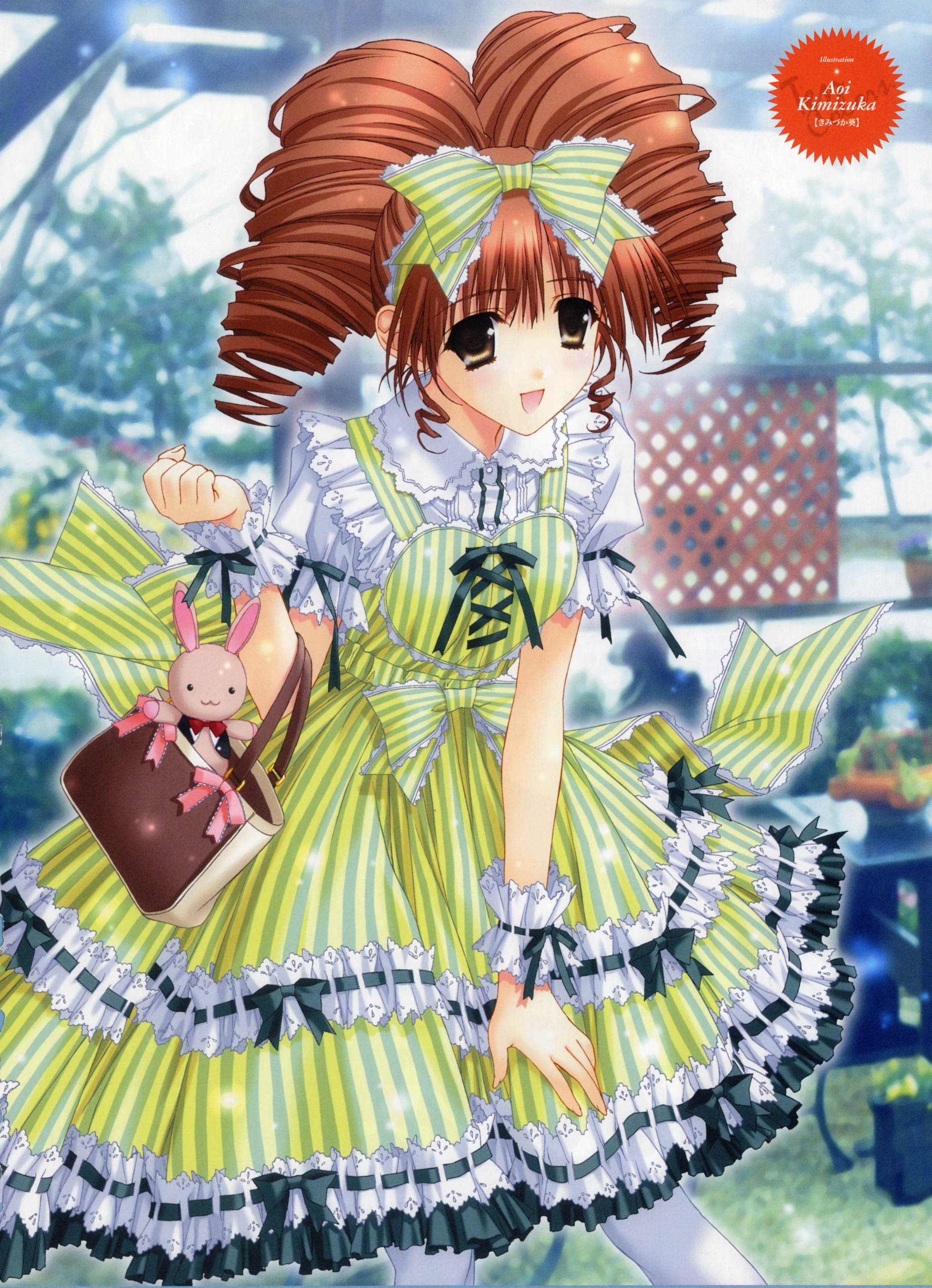 kimizuka aoi, absurdres, highres, non-web source, scan, 1girl, bag, bow, brown eyes, brown hair, cross-laced clothes, dress, drill hair, elbow carry, female focus, frilled dress, frills, green dress, hair bow, handbag, lolita fashion, outline, pantyhose, puffy short sleeves, puffy sleeves, ribbon-trimmed clothes, ribbon trim, short sleeves, solo, striped bow, striped clothes, striped dress, stuffed animal, stuffed rabbit, stuffed toy, sweet lolita, vertical-striped clothes, vertical-striped dress, white pantyhose, wrist cuffs