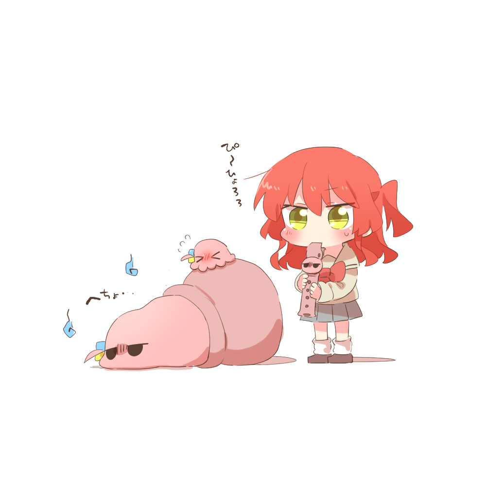 rebecca (keinelove), gotoh hitori, gotoh hitori (octopus), gotoh hitori (tsuchinoko), kita ikuyo, bocchi the rock!, commentary request, translation request, 1girl, blush, bow, bowtie, brown sailor collar, brown shirt, brown shoes, chibi, chibi only, cube hair ornament, flute, full body, grey skirt, hair ornament, holding, holding flute, holding instrument, instrument, long hair, long sleeves, one side up, pleated skirt, red bow, red bowtie, red hair, sailor collar, shirt, shoes, simple background, skirt, socks, standing, white background, white socks, yellow eyes