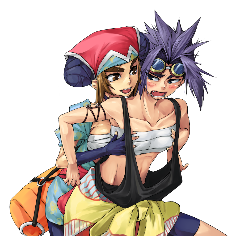 ttk, lun (gensou suikoden), subala (suikoden), gensou suikoden, gensou suikoden v, bad id, bad pixiv id, 2girls, breast bind, breasts, brown eyes, brown hair, goggles, grabbing another's breast, groping, multiple girls, purple hair, sarashi, yuri