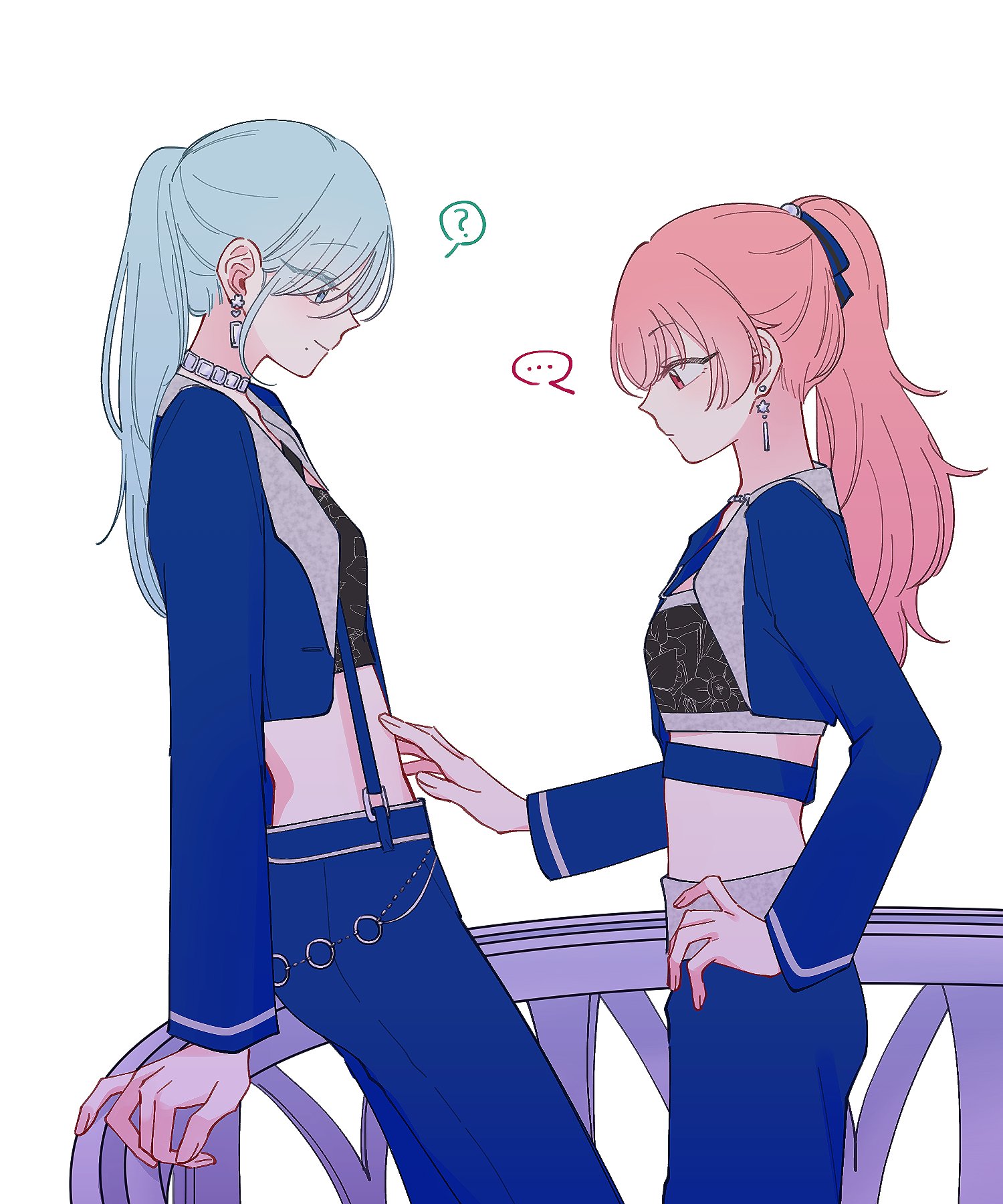 noon nerve, hinomori shizuku, momoi airi, project sekai, commentary, highres, 2girls, ?, black shirt, blue eyes, blue hair, blue jacket, blue pants, closed mouth, crop top, earrings, hand on another's stomach, heart, jacket, jewelry, long hair, long sleeves, mole, mole under mouth, multiple girls, pants, pink eyes, pink hair, ponytail, shirt, simple background, smile, spoken heart, spoken question mark, white background, yuri