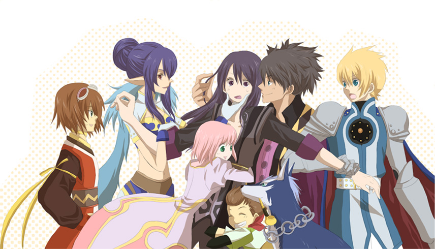 estellise sidos heurassein, flynn scifo, judith (tales), karol capel, raven (tales), repede (tales), rita mordio, yuri lowell, tales of (series), tales of vesperia, 00s, 3girls, 4boys, armor, black hair, blonde hair, blue eyes, brown hair, cape, dress, gloves, goggles, green eyes, hug, kiseru, long hair, multiple boys, multiple girls, pink hair, pipe in mouth, pointy ears, purple eyes, purple hair, ribbon, short hair, smile, smoking pipe