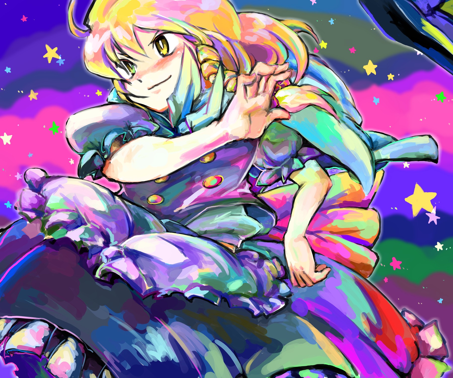 rotan, kirisame marisa, touhou, highres, 1girl, ahoge, apron, black dress, blonde hair, blush, braid, buttons, closed mouth, cowboy shot, dress, female focus, puffy short sleeves, puffy sleeves, short hair, short sleeves, single braid, solo, waist apron