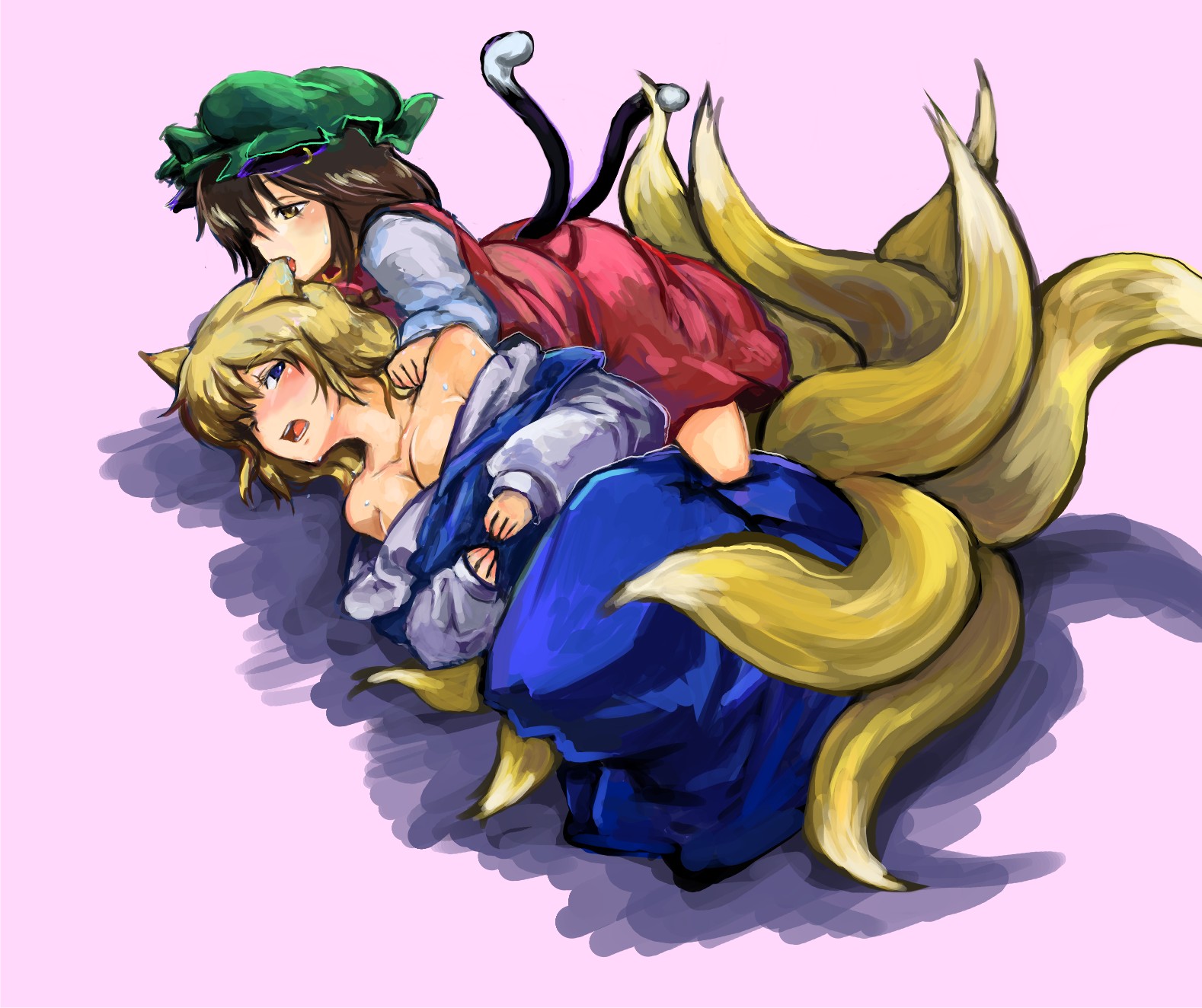 rotan, chen, yakumo ran, touhou, biting ear, highres, 2girls, animal ears, bare shoulders, biting, blonde hair, blue eyes, breasts, brown hair, cat ears, cat girl, cat tail, cleavage, eargasm, earrings, fang, female focus, fox ears, fox tail, hat, jewelry, multiple girls, multiple tails, nekomata, off shoulder, saliva, short hair, sweat, tail, uncommon stimulation, yellow eyes, yuri
