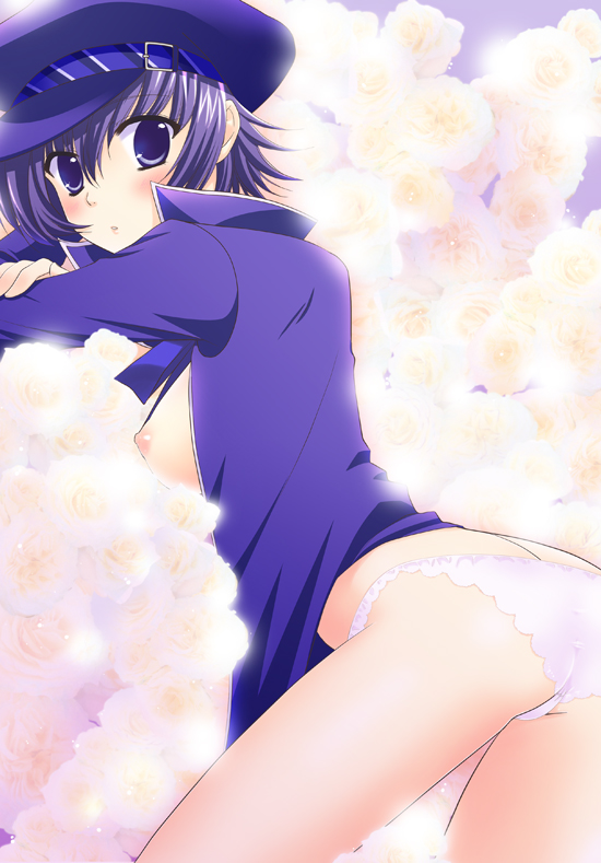 mika mikan, shirogane naoto, atlus, persona, persona 4, bad id, bad pixiv id, 1girl, ass, blue eyes, blue hair, bottomless, breasts, female focus, flower, gakuran, hat, matching hair/eyes, newsboy cap, no pants, open clothes, panties, school uniform, short hair, small breasts, solo, underwear